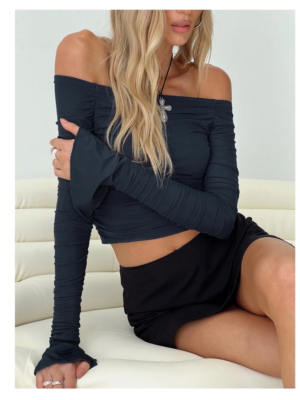 Princess Polly Navy Ruched Off-Shoulder Long Sleeve Top